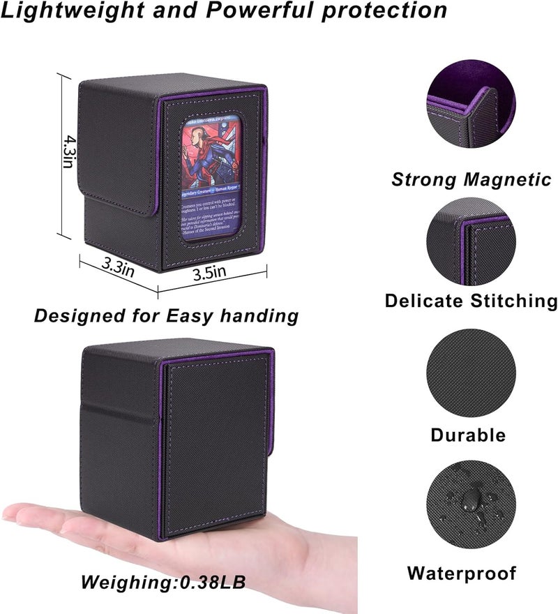 AFIING MTG Deck Box for Commander Display,Card Deck Box Fits 100 Double Sleeved Cards, Magic Commander TCG Card Storage Box with 2 Dividers,Drawstring Bag and 1 Toploader(Black/Purple) - Image 5